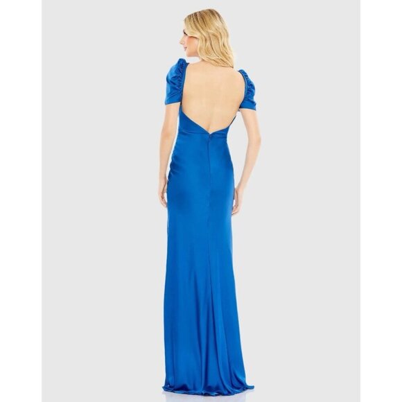 MAC DUGGAL Size 6 Blue Satin Empire Waist Puff Sleeve Formal Gown Dress New $498 - Picture 3 of 10